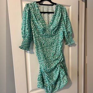 Emerald Green Floral V-Neck Ruffle Mini Dress